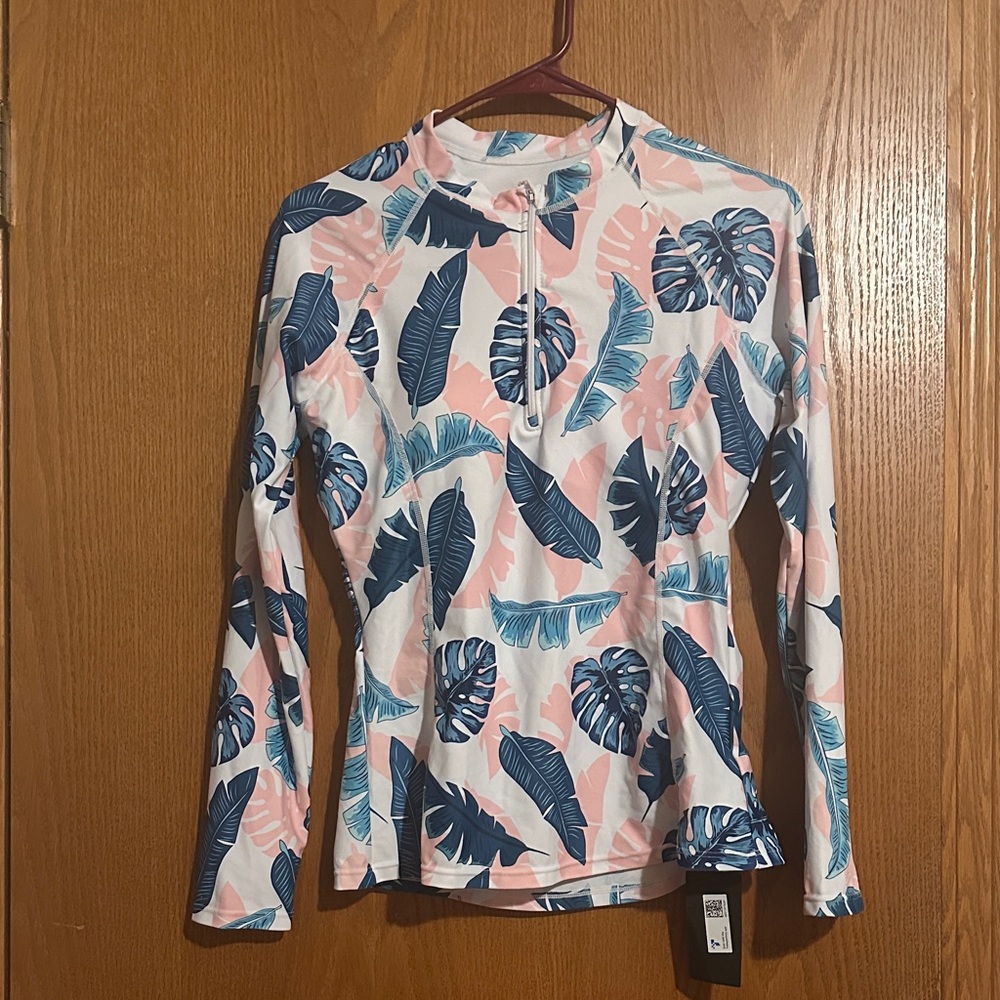 Women’s Long Sleeve Tropical Print Swim Top - Pink & Green